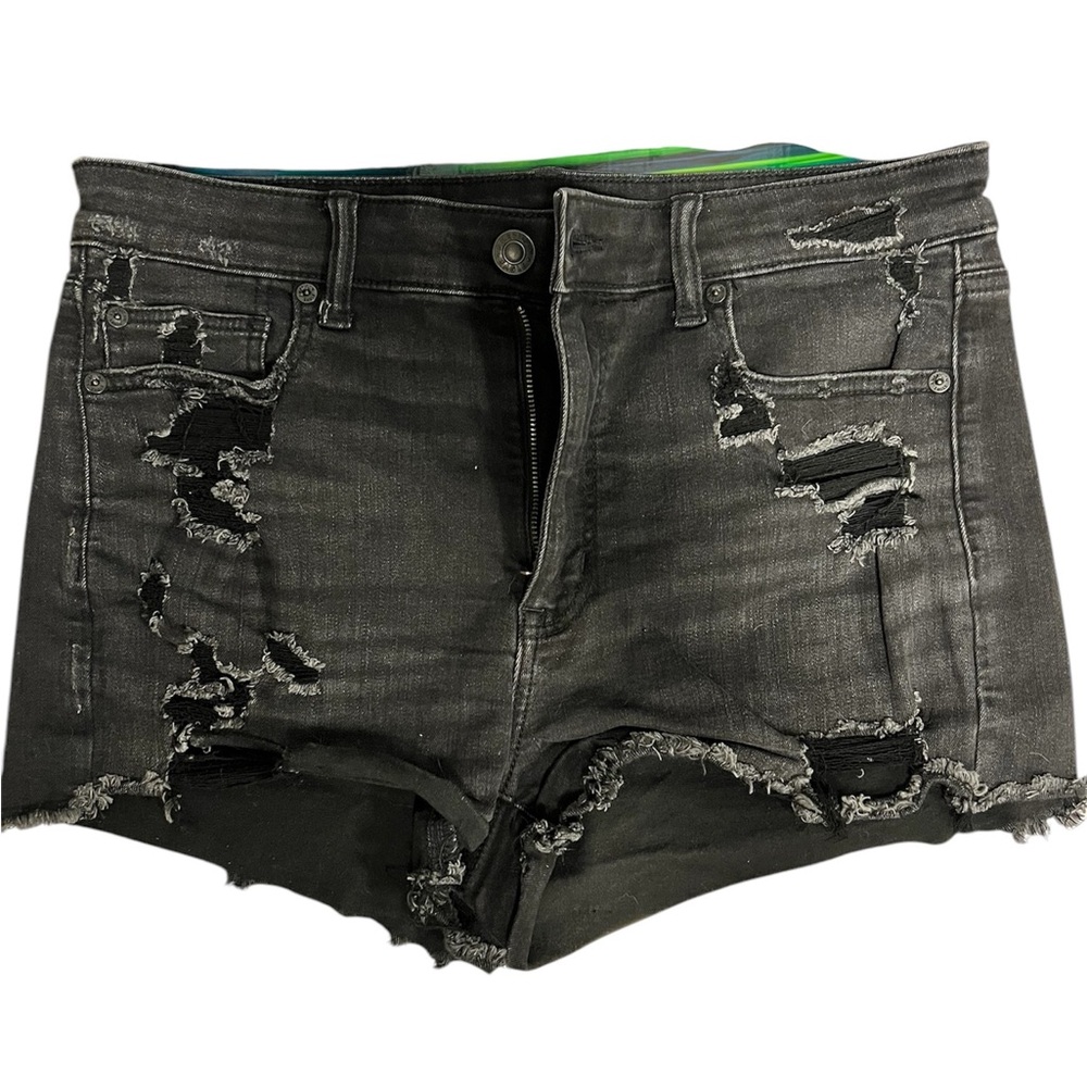 AE High-rise shortie Distressed Black Denim Shorts (Size 12)